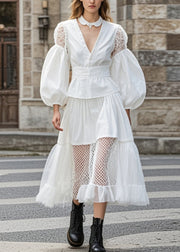 Casual White Hollow Out Patchwork Lace Cotton Vestidos Dress Puff Sleeve