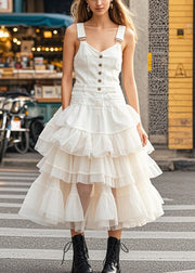 Casual White Layered Tulle Patchwork Denim Dress Summer