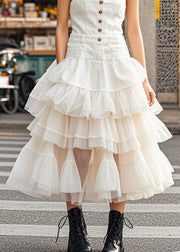 Casual White Layered Tulle Patchwork Denim Dress Summer