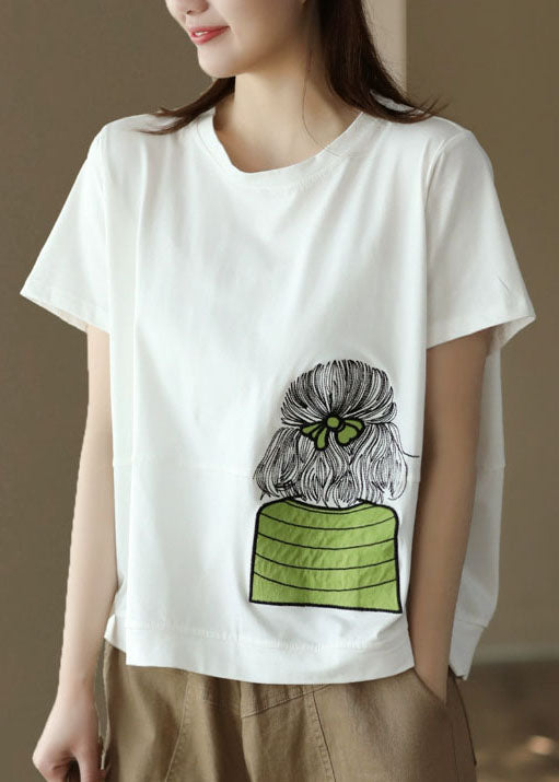 Casual White O-Neck Embroideried Patchwork Cotton Top Summer