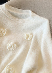 Casual White O-Neck Floral Mink Hair Knitted Sweaters Winter