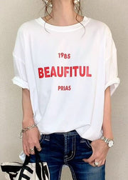 Casual White O Neck Letter Print Cotton T Shirt Summer