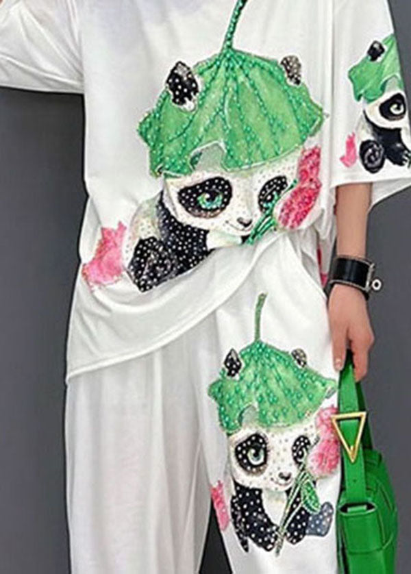 Casual White O-Neck Panda Print Cotton Two Piece Set Women Clothing Summer