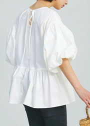 Casual White O-Neck Patchwork Cotton Shirt Puff Sleeve