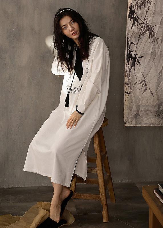 Casual White O-Neck Print Side Open Cotton Long Dress Spring