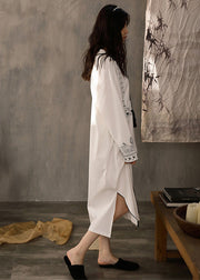 Casual White O-Neck Print Side Open Cotton Long Dress Spring