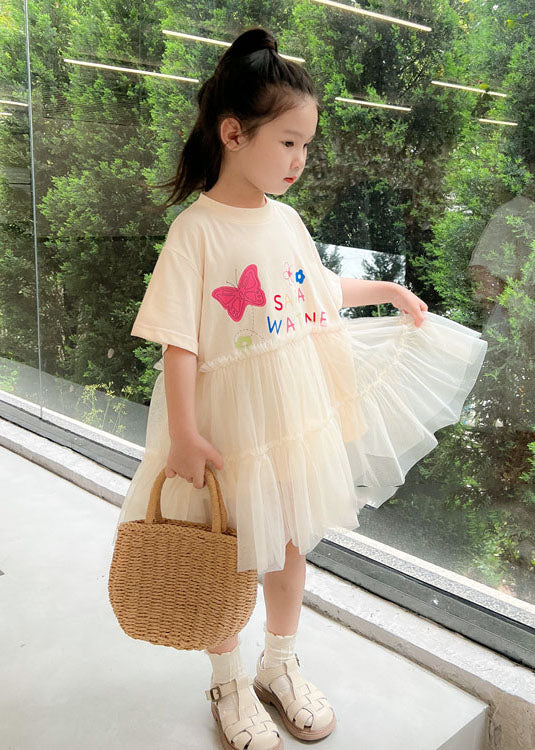 Casual White O Neck Ruffled Patchwork Tulle Kids Girls Dresses Summer