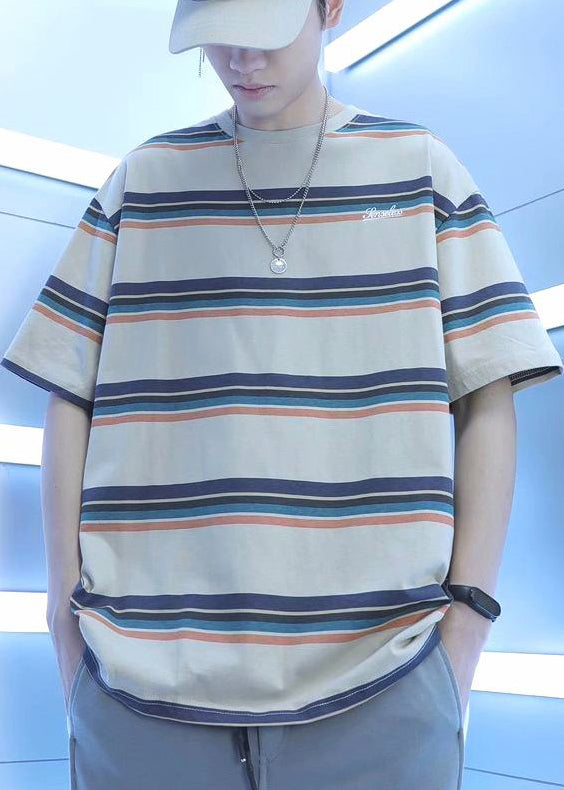 Casual White O Neck Striped Cotton Mens Tshirt Summer