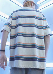 Casual White O Neck Striped Cotton Mens Tshirt Summer