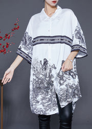 Casual White Oversized Print Ice Silk Shirt Dress Summer