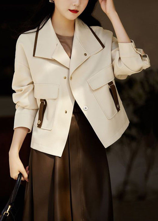 Casual White Peter Pan Collar Patchwork Pockets Cotton Coats Fall