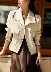 Casual White Peter Pan Collar Patchwork Pockets Cotton Coats Fall