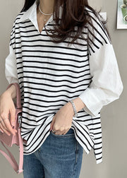 Casual White Peter Pan Collar Patchwork Striped Cotton Shirt Tops Half Sleeve