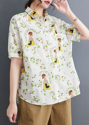 Casual White Peter Pan Collar Print Patchwork Cotton Shirt Summer