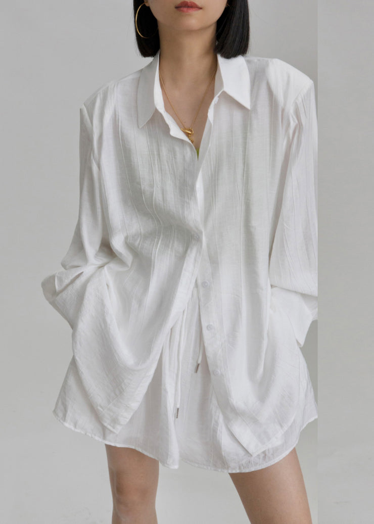 Casual White Peter Pan Collar Shirts And Shorts Two Pieces Set Long Sleeve