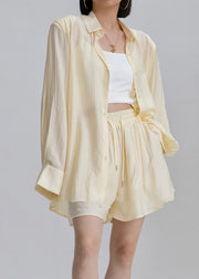 Casual White Peter Pan Collar Shirts And Shorts Two Pieces Set Long Sleeve