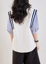 Casual White Peter Pan Collar Striped Patchwork Top Half Sleeve