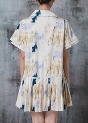 Casual White Peter Pan Collar Tie Dye Cotton Pleated Dresses Summer