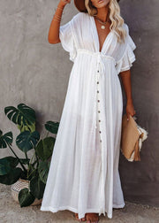 Casual White Pleated Drawstring Party Long Dresses Summer