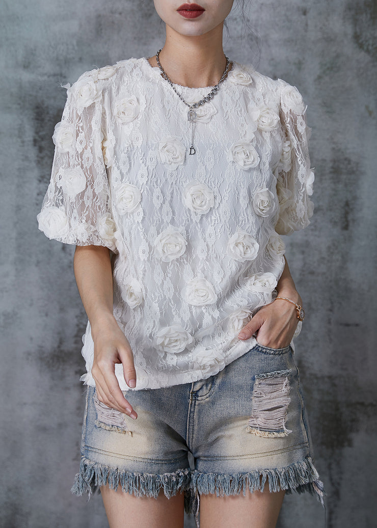 Casual White Puff Sleeve Floral Lace Shirts Summer