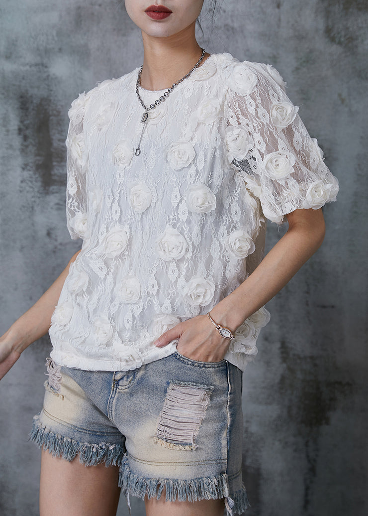 Casual White Puff Sleeve Floral Lace Shirts Summer