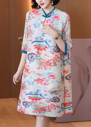 Casual White Stand Collar Print Button Wrinkled Long Dresses Half Sleeve