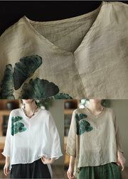 Casual White V Neck Print Linen Shirt Top Batwing Sleeve