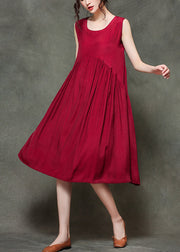 Casual Wine Red-floral1 O-Neck Wrinkled Long Dresses Sleeveless