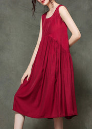 Casual Wine Red-floral patchwork1 O-Neck Wrinkled Long Dresses Sleeveless