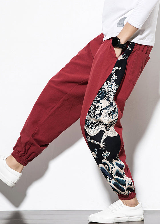 Casual Wine Red Print Patchwork Cotton Mens Beam Pants Summer