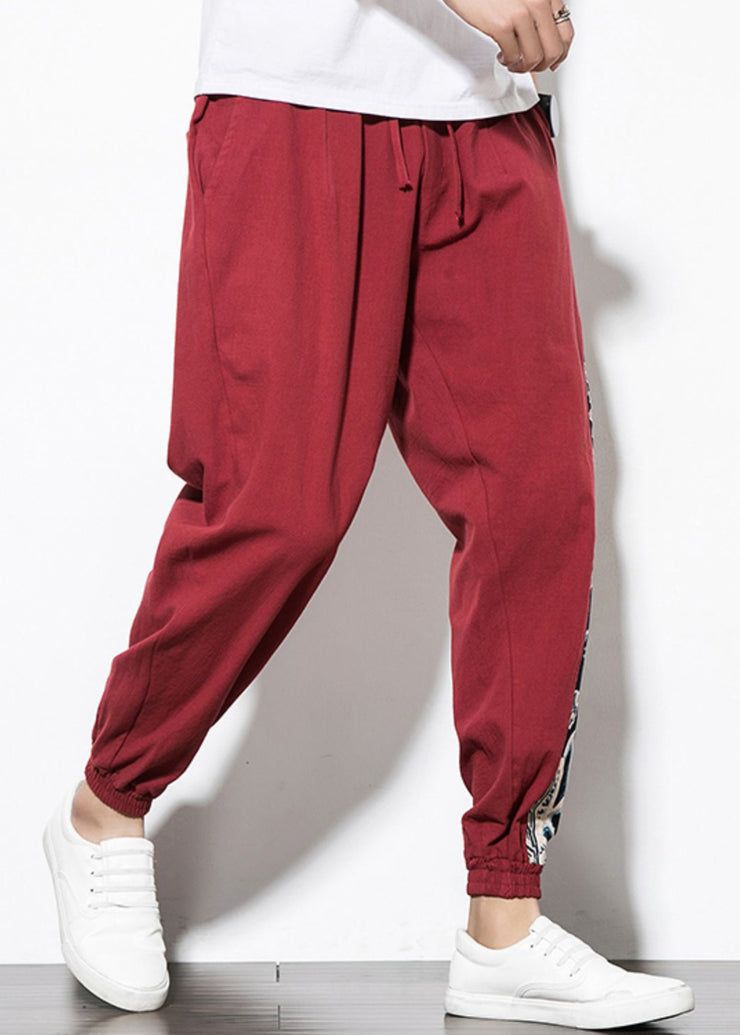 Casual Wine Red Print Patchwork Cotton Mens Beam Pants Summer