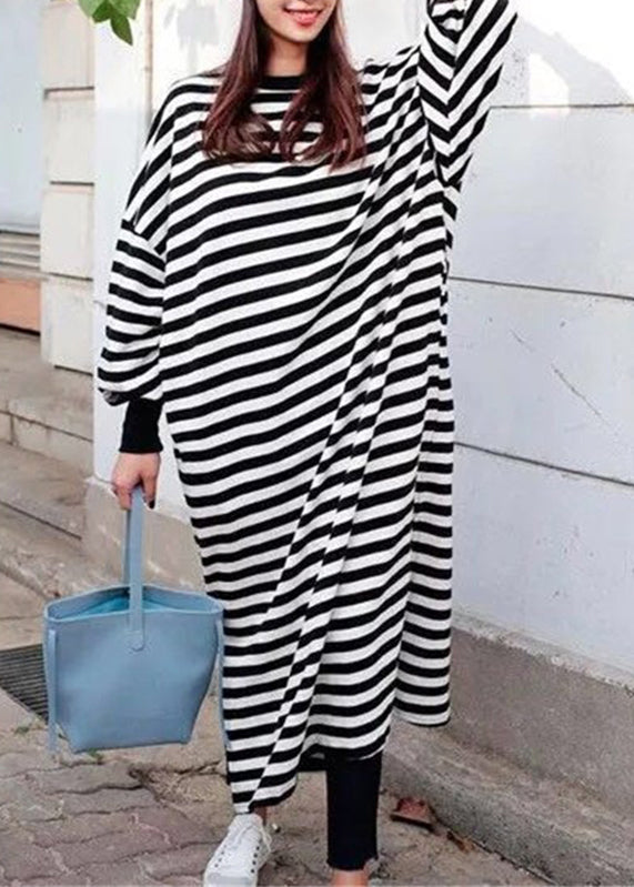 Casual Women Crew Neck Batwing Sleeve Striped Black Long Sweatshirt Dress