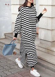 Casual Women Crew Neck Batwing Sleeve Striped Black Long Sweatshirt Dress