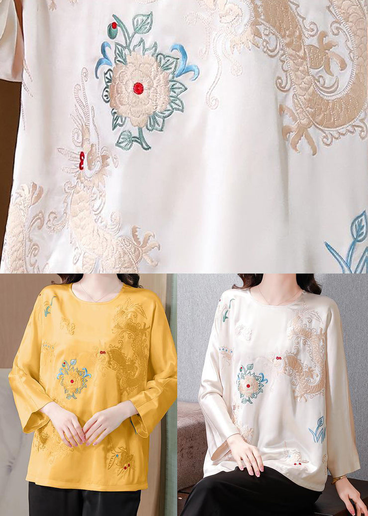 Casual Yellow Embroidered Silk Blouse Tops Spring