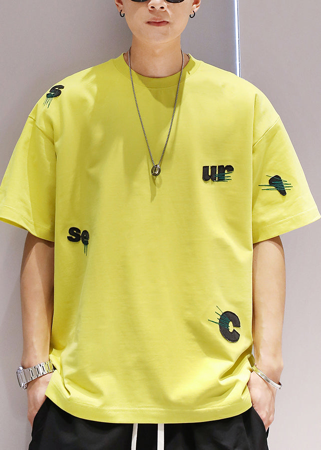 Casual Yellow Embroideried Cotton Oversized T Shirt Men Summer