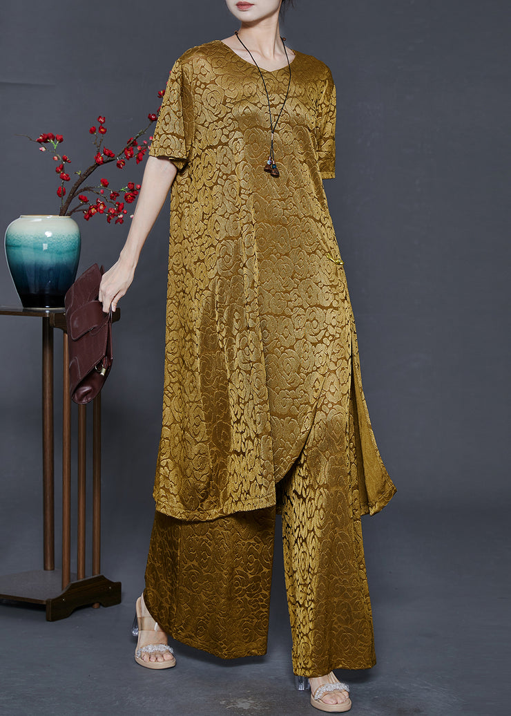 Casual Yellow Jacquard Side Open Chinese Button Silk Women Sets 2 Pieces Summer