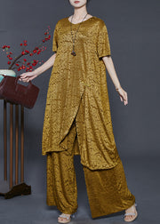 Casual Yellow Jacquard Side Open Chinese Button Silk Women Sets 2 Pieces Summer