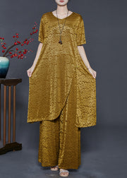 Casual Yellow Jacquard Side Open Chinese Button Silk Women Sets 2 Pieces Summer