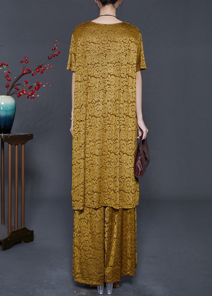 Casual Yellow Jacquard Side Open Chinese Button Silk Women Sets 2 Pieces Summer