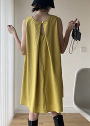 Casual Yellow O Neck Patchwork Cotton Mid Dresses Sleeveless