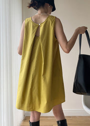 Casual Yellow O Neck Patchwork Cotton Mid Dresses Sleeveless