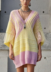 Casual Yellow Oversized Patchwork Tulle Sweater Dress Fall