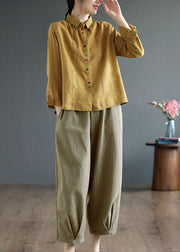 Casual Yellow Peter Pan Collar Embroideried Linen Blouse Tops Fall