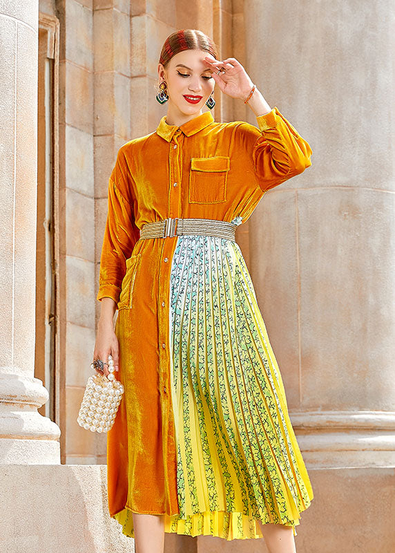 Casual Yellow Peter Pan Collar Print Patchwork Button Silk Velour Maxi Dress Long Sleeve