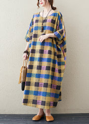 Casual Yellow Plaid O-Neck Long Dress Summer