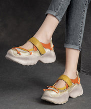 Casual Yellow Platform Cowhide Leather Buckle Strap High Wedge Heels Shoes