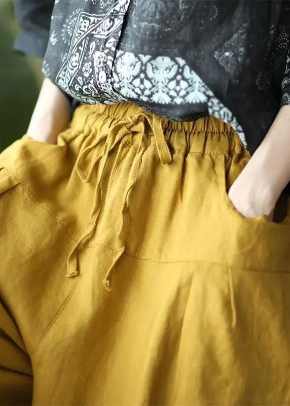 Casual Yellow Pockets Patchwork Elastic Waist Linen Pants Summer