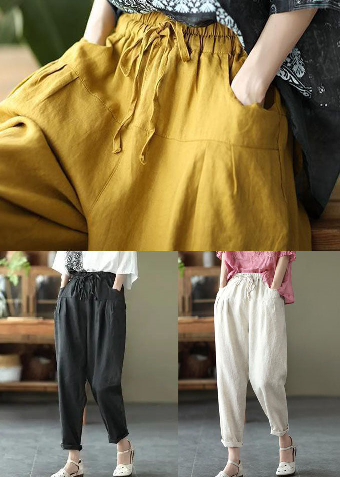 Casual Yellow Pockets Patchwork Elastic Waist Linen Pants Summer