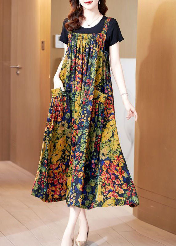 Casual Yellow Print Exra Large Hem Silk Holiday Dresses Summer