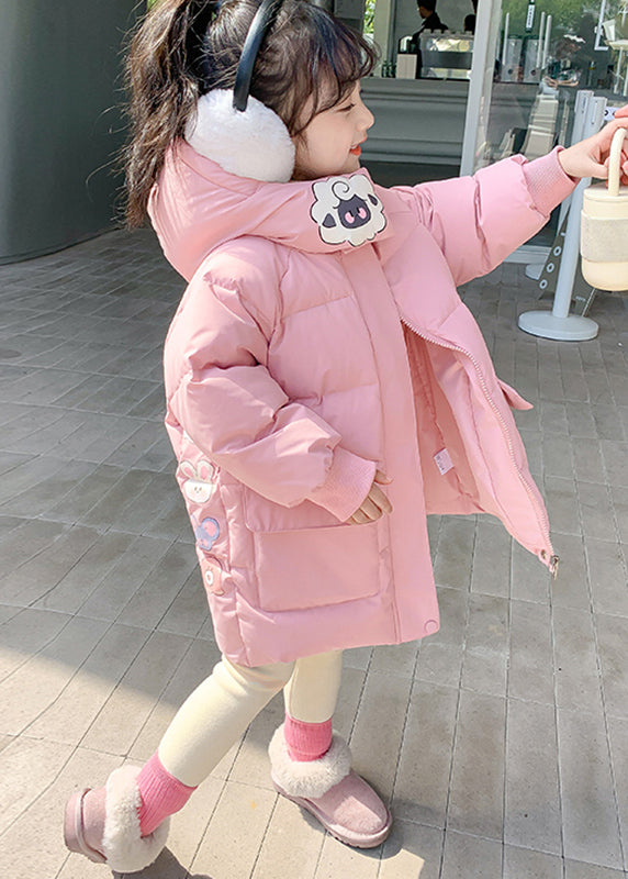 Casual Yellow Print Pockets Girls Hooded Parka Winter